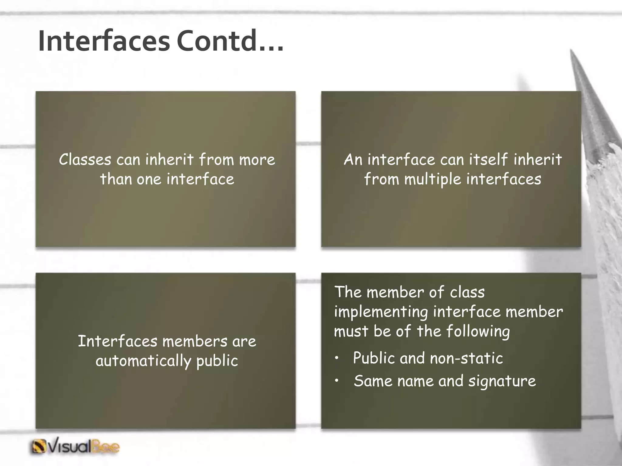 Interfaces Contd… Classes can inherit from more than one interface An interface can itself inherit from multiple interfaces Interfaces members are automatically public The member of class implementing interface member must be of the following • Public and non-static • Same name and signature 