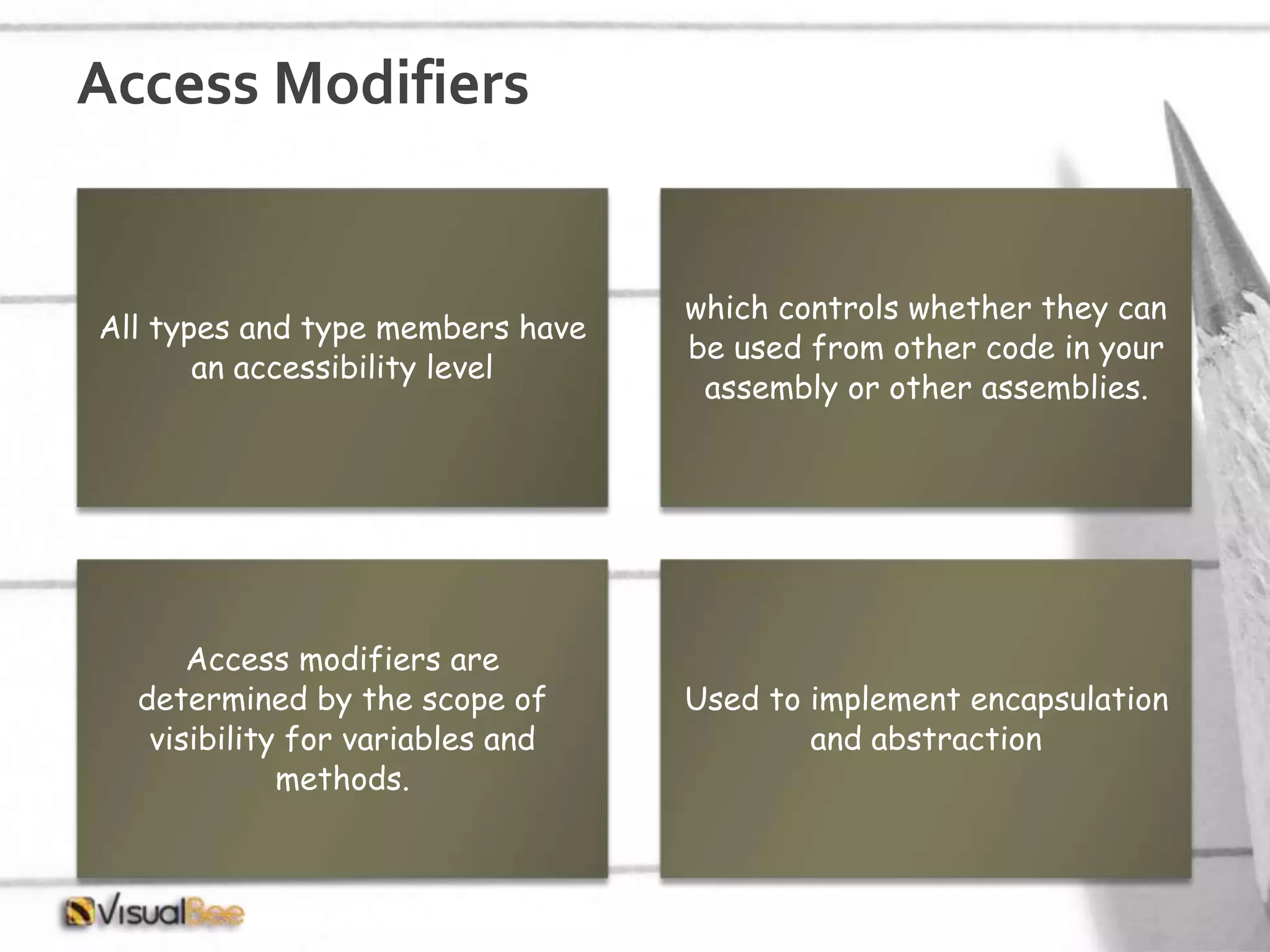 Access Modifiers All types and type members have an accessibility level which controls whether they can be used from other code in your assembly or other assemblies. Access modifiers are determined by the scope of visibility for variables and methods. Used to implement encapsulation and abstraction 