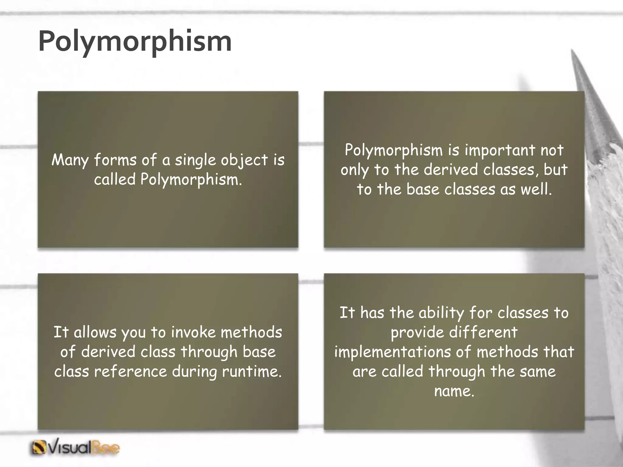Polymorphism Many forms of a single object is called Polymorphism. Polymorphism is important not only to the derived classes, but to the base classes as well. It allows you to invoke methods of derived class through base class reference during runtime. It has the ability for classes to provide different implementations of methods that are called through the same name. 