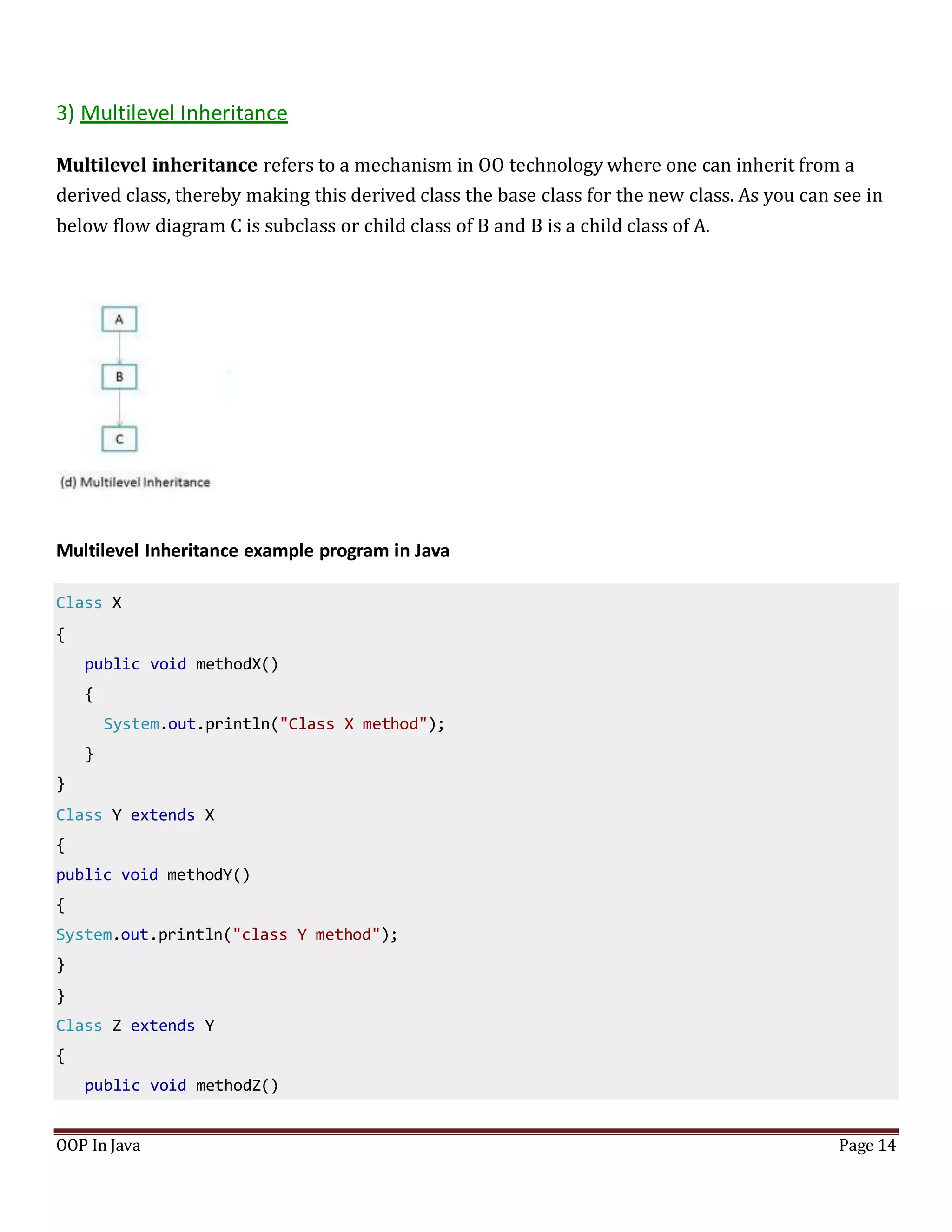 3) Multilevel Inheritance
Multilevel inheritance refers to a mechanism in OO technology where one can inherit from a
derived class, thereby making this derived class the base class for the new class. As you can see in
below flow diagram C is subclass or child class of B and B is a child class of A.
Multilevel Inheritance example program in Java
Class X
{
public void methodX()
{
System.out.println("Class X method");
}
}
Class Y extends X
{
public void methodY()
{
System.out.println("class Y method");
}
}
Class Z extends Y
{
public void methodZ()
OOP In Java Page 14
 