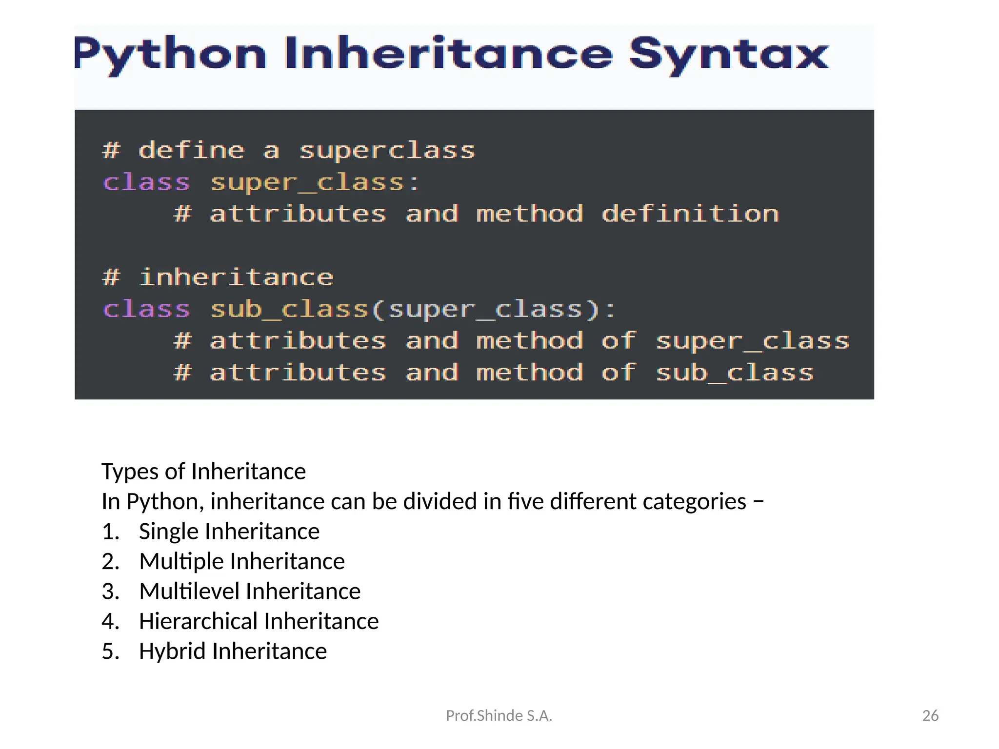 Prof.Shinde S.A. 26
Types of Inheritance
In Python, inheritance can be divided in five different categories −
1. Single Inheritance
2. Multiple Inheritance
3. Multilevel Inheritance
4. Hierarchical Inheritance
5. Hybrid Inheritance
 