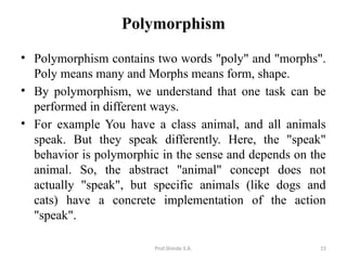 Prof.Shinde S.A. 15
Polymorphism
• Polymorphism contains two words "poly" and "morphs".
Poly means many and Morphs means form, shape.
• By polymorphism, we understand that one task can be
performed in different ways.
• For example You have a class animal, and all animals
speak. But they speak differently. Here, the "speak"
behavior is polymorphic in the sense and depends on the
animal. So, the abstract "animal" concept does not
actually "speak", but specific animals (like dogs and
cats) have a concrete implementation of the action
"speak".
 