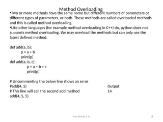 Prof.Shinde S.A. 18
Method Overloading
•Two or more methods have the same name but different numbers of parameters or
different types of parameters, or both. These methods are called overloaded methods
and this is called method overloading.
•Like other languages (for example method overloading in C++) do, python does not
supports method overloading. We may overload the methods but can only use the
latest defined method.
def add(a, b):
p = a + b
print(p)
def add(a, b, c):
p = a + b + c
print(p)
# Uncommenting the below line shows an error
#add(4, 5) Output
# This line will call the second add method 14
add(4, 5, 5)
 