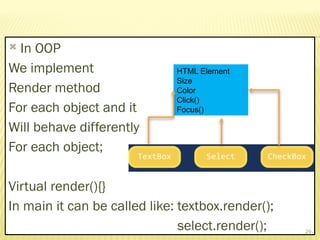  In OOP
We implement
Render method
For each object and it
Will behave differently
For each object;
Virtual render(){}
In main it can be called like: textbox.render();
select.render(); 29
HTML Element
Size
Color
Click()
Focus()
 