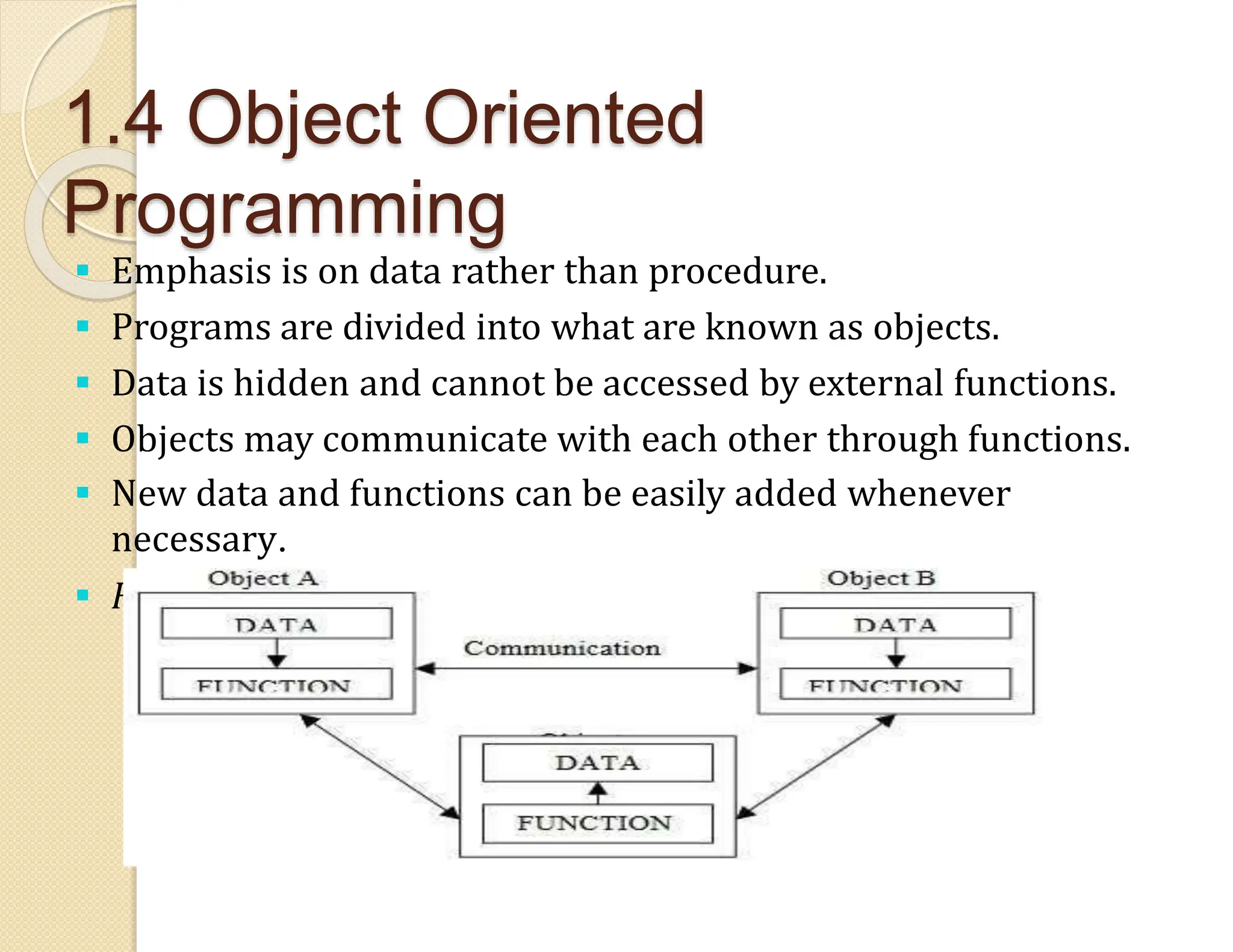 1.4 Object Oriented
Programming
 Emphasis is on data rather than procedure.
 Programs are divided into what are known as objects.
 Data is hidden and cannot be accessed by external functions.
 Objects may communicate with each other through functions.
 New data and functions can be easily added whenever
necessary.
 Follows bottom-up approach in program design
 