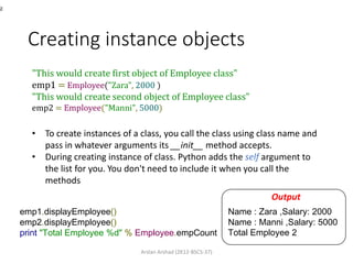Creating instance objects
"This would create first object of Employee class"
emp1 = Employee("Zara", 2000 )
"This would create second object of Employee class"
emp2 = Employee("Manni", 5000)
• To create instances of a class, you call the class using class name and
pass in whatever arguments its __init__ method accepts.
• During creating instance of class. Python adds the self argument to
the list for you. You don't need to include it when you call the
methods
emp1.displayEmployee()
emp2.displayEmployee()
print "Total Employee %d" % Employee.empCount
2
Name : Zara ,Salary: 2000
Name : Manni ,Salary: 5000
Total Employee 2
Output
Arslan Arshad (2K12-BSCS-37)
 