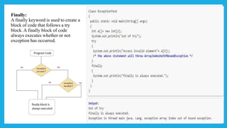 Finally:
A finally keyword is used to create a
block of code that follows a try
block. A finally block of code
always executes whether or not
exception has occurred.
 