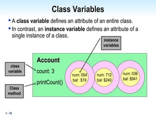 1 - 16
Class Variables

A class variable defines an attribute of an entire class.

In contrast, an instance variable defines an attribute of a
single instance of a class.
count: 3
printCount()
num: 054
bal: $19
num: 712
bal: $240
num: 036
bal: $941
Account
Account
Class
method
class
variable
instance
variables
 