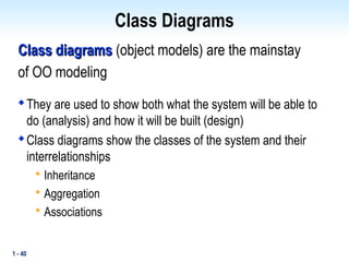 1 - 40
Class Diagrams
Class diagrams
Class diagrams (object models) are the mainstay
of OO modeling

They are used to show both what the system will be able to
do (analysis) and how it will be built (design)

Class diagrams show the classes of the system and their
interrelationships

Inheritance

Aggregation

Associations
 