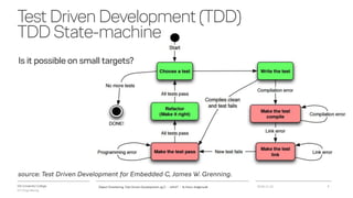 VIA University College
ICT-Engineering
TestDrivenDevelopment(TDD)
TDDState-machine
2018-11-21Object Orientering, Test Driven Development og C - InfinIT - Ib Havn, iha@via.dk 9
source: Test Driven Development for Embedded C, James W. Grenning.
Is it possible on small targets?
 