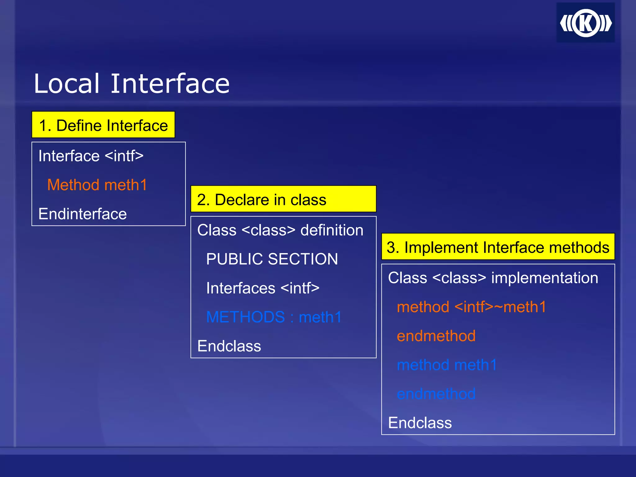 Local Interface
Interface <intf>
Method meth1
Endinterface
Class <class> definition
PUBLIC SECTION
Interfaces <intf>
METHODS : meth1
Endclass
Class <class> implementation
method <intf>~meth1
endmethod
method meth1
endmethod
Endclass
1. Define Interface
2. Declare in class
3. Implement Interface methods
 