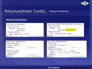 Polymorphism Contd..Polymorphism Contd..
See Program YCLASS_POLY_DEMO (TRZ300)
(Using inheritance)
Method Redefinition
 