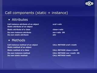 Call components (static + instance)Call components (static + instance)
• Attributes
Call instance attribute of an object
Static attribute of an object
oref->attr
Static attribute of a class class=>attr
Its own instance attribute
Its own static attribute
me->attr OR
attr
• Methods
Call instance method of an object
Static method of an object
CALL METHOD oref->meth
Static method of a class CALL METHOD class=>meth
Its own instance method
Its own static method
CALL METHOD me->meth OR
CALL METHOD meth
 