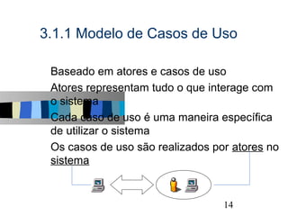 3.1.1 Modelo de Casos de Uso

s   Baseado em atores e casos de uso
s   Atores representam tudo o que interage com
    o sistema
s   Cada caso de uso é uma maneira específica
    de utilizar o sistema
s   Os casos de uso são realizados por atores no
    sistema


                                              14
 