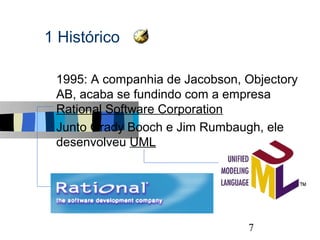 1 Histórico

s   1995: A companhia de Jacobson, Objectory
    AB, acaba se fundindo com a empresa
    Rational Software Corporation
s   Junto Grady Booch e Jim Rumbaugh, ele
    desenvolveu UML




                                               7
 