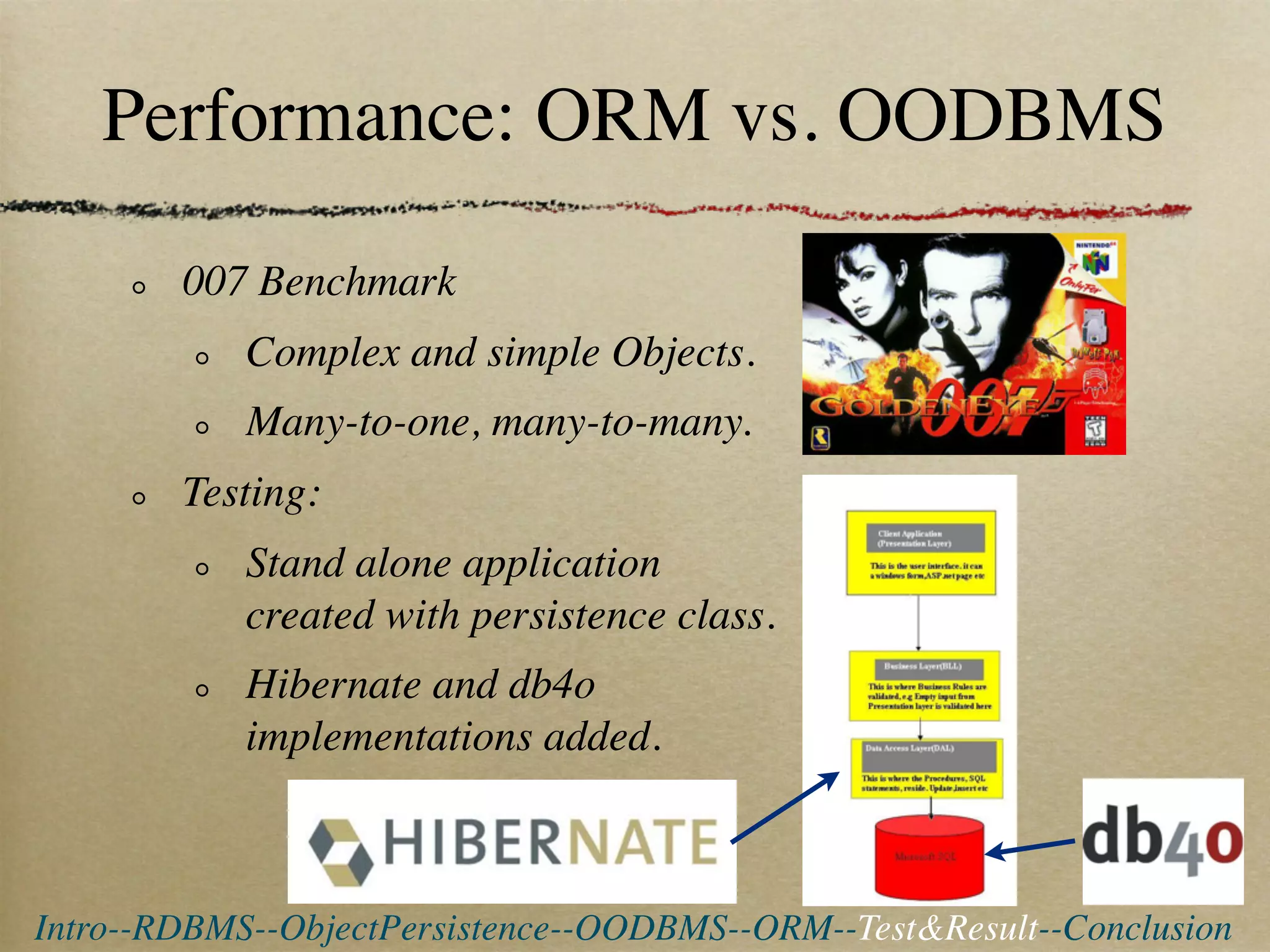 Performance: ORM vs. OODBMS

        007 Benchmark
            Complex and simple Objects.
            Many-to-one, many-to-many.
        Testing:
            Stand alone application
            created with persistence class.
            Hibernate and db4o
            implementations added.



Intro--RDBMS--ObjectPersistence--OODBMS--ORM--Test&Result--Conclusion
 