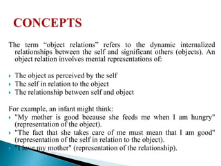 The term “object relations” refers to the dynamic internalized
relationships between the self and significant others (objects). An
object relation involves mental representations of:
 The object as perceived by the self
 The self in relation to the object
 The relationship between self and object
For example, an infant might think:
 "My mother is good because she feeds me when I am hungry"
(representation of the object).
 "The fact that she takes care of me must mean that I am good"
(representation of the self in relation to the object).
 "I love my mother" (representation of the relationship).
 