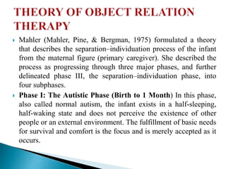  Mahler (Mahler, Pine, & Bergman, 1975) formulated a theory
that describes the separation–individuation process of the infant
from the maternal figure (primary caregiver). She described the
process as progressing through three major phases, and further
delineated phase III, the separation–individuation phase, into
four subphases.
 Phase I: The Autistic Phase (Birth to 1 Month) In this phase,
also called normal autism, the infant exists in a half-sleeping,
half-waking state and does not perceive the existence of other
people or an external environment. The fulfillment of basic needs
for survival and comfort is the focus and is merely accepted as it
occurs.
 
