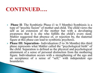  Phase II: The Symbiotic Phase (1 to 5 Months) Symbiosis is a
type of “psychic fusion” of mother and child. The child views the
self as an extension of the mother but with a developing
awareness that it is she who fulfills the child’s every need.
Mahler suggested that absence of, or rejection by, the maternal
figure at this phase can lead to symbiotic psychosis.
 Phase III: Separation– Individuation (5 to 36 Months) this third
phase represents what Mahler called the “psychological birth” of
the child. Separation is defined as the physical and psychological
attainment of a sense of personal distinction from the mothering
figure. Individuation occurs with a strengthening of the ego and
an acceptance of a sense of “self,” with independent ego
boundaries.
 