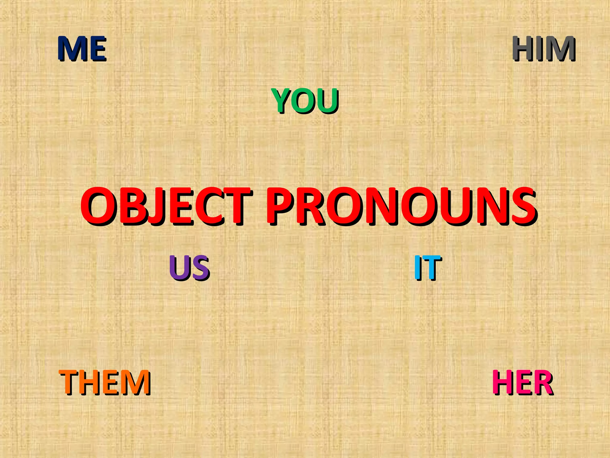 ME HIM
YOU
OBJECT PRONOUNS
US IT
THEM HER