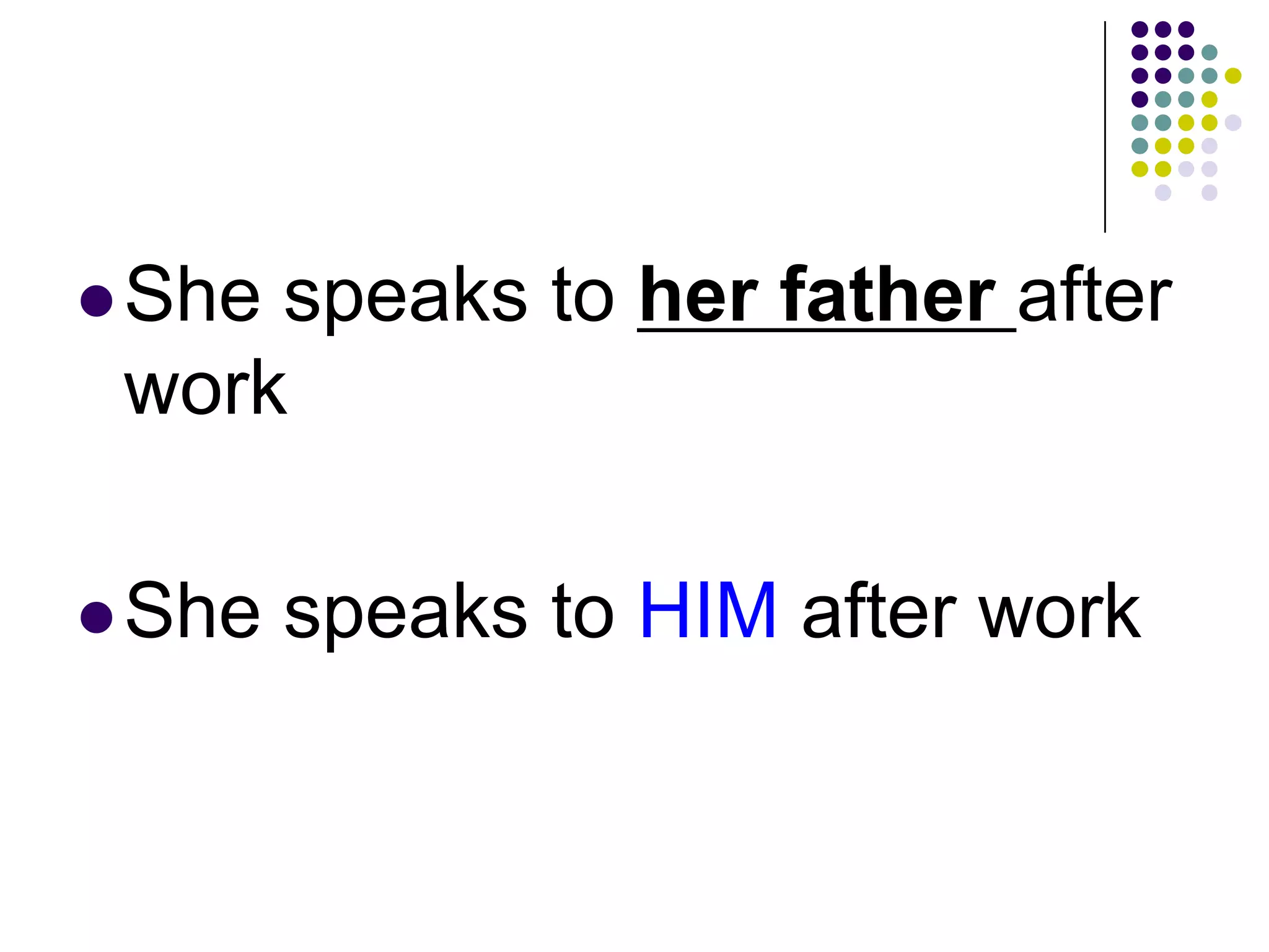 She speaks to her father after
work
She speaks to HIM after work
 