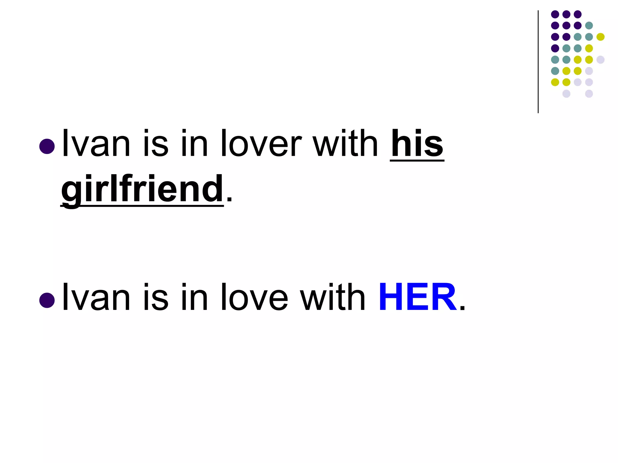 Ivan is in lover with his
girlfriend.
Ivan is in love with HER.
 