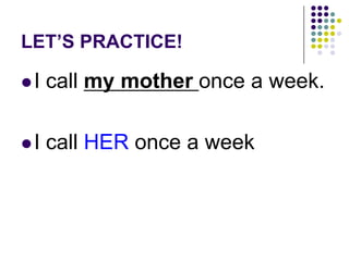 LET’S PRACTICE!
I call my mother once a week.
I call HER once a week
 
