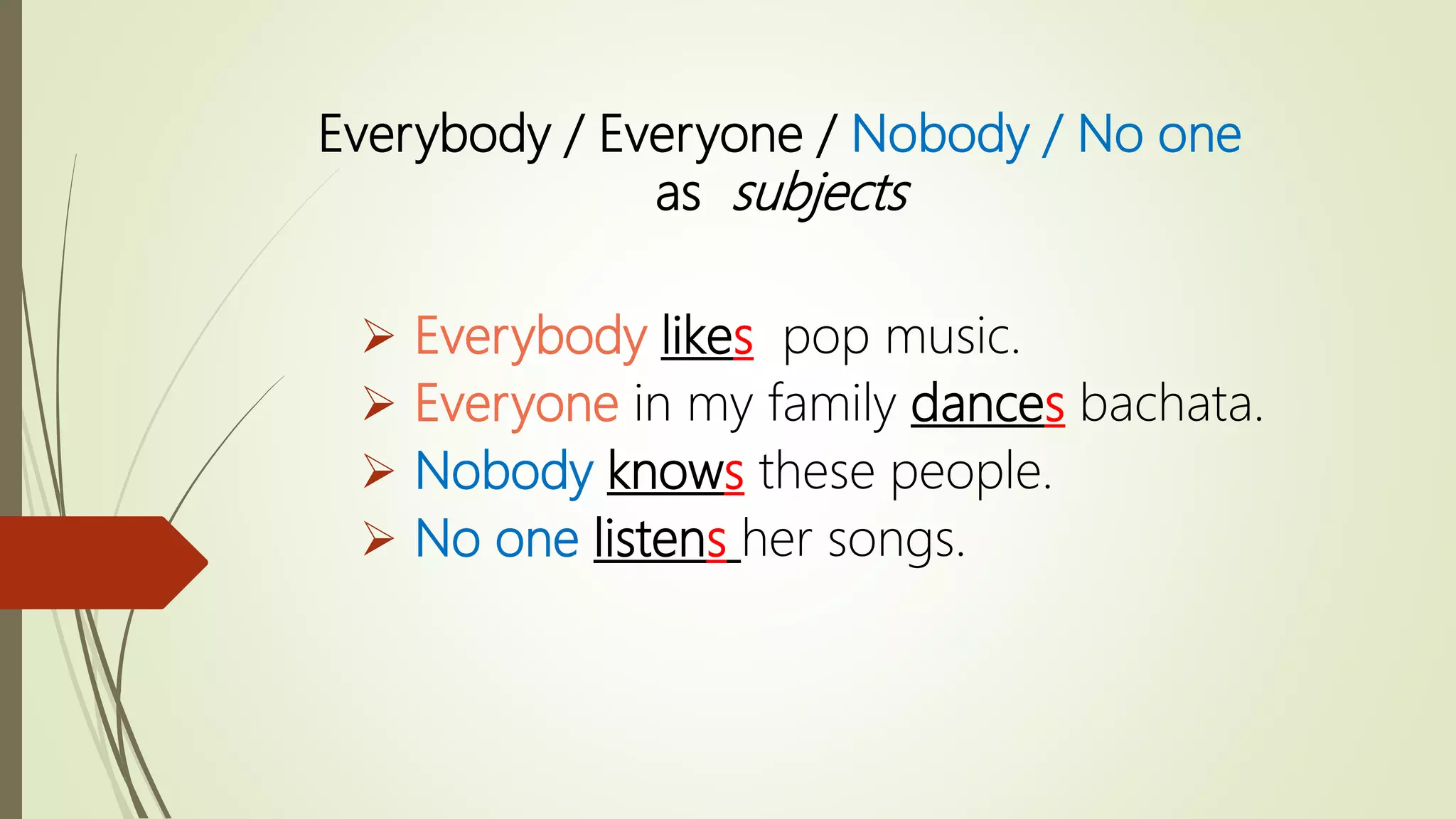  Everybody likes pop music.
Everyone in my family dances bachata.
Nobody knows these people.
No one listens her songs.
Everybody / Everyone / Nobody / No one
as subjects