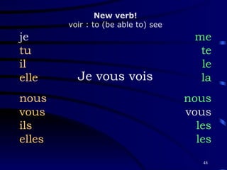 Je vous vois je tu il elle nous vous ils elles me te le la nous vous les les New verb! voir : to (be able to) see 