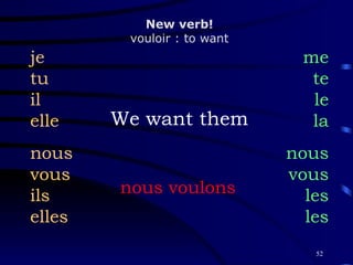 We want them je tu il elle nous vous ils elles me te le la nous vous les les New verb! vouloir : to want nous voulons 