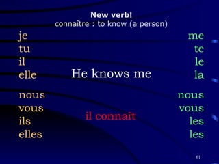He knows me je tu il elle nous vous ils elles me te le la nous vous les les New verb! connaître : to know (a person) il connaît 