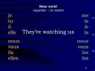 They’re watching us je tu il elle nous vous ils elles me te le la nous vous les les New verb! regarder : to watch 