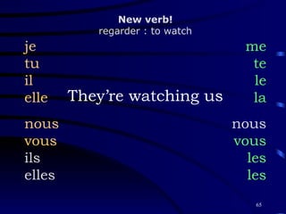 They’re watching us je tu il elle nous vous ils elles me te le la nous vous les les New verb! regarder : to watch 