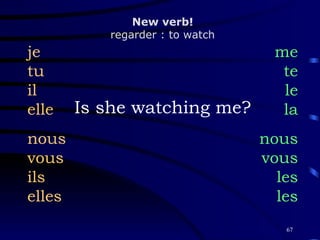 Is she watching me? je tu il elle nous vous ils elles me te le la nous vous les les New verb! regarder : to watch 