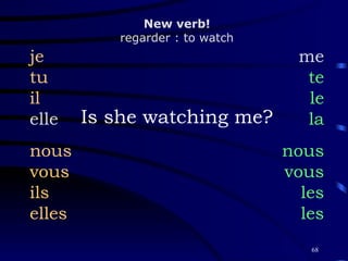 Is she watching me? je tu il elle nous vous ils elles me te le la nous vous les les New verb! regarder : to watch 