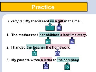Example: My friend sent us a gift in the mail.
PracticePractice
DO
DOIO
DOIO
DO IO
1. The mother read her children a bedtime story.
2. I handed the teacher the homework.
3. My parents wrote a letter to the company.
 