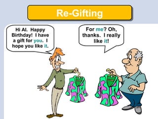 Re-GiftingRe-Gifting
Hi Al. Happy
Birthday! I have
a gift for you. I
hope you like it.
For me? Oh,
thanks. I really
like it!
 