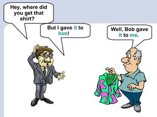 Hey, where did
you get that
shirt?
But I gave it to
him!
Well, Bob gave
it to me.
 