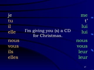 I’m giving you (s) a CD for Christmas. je tu il elle nous vous ils elles me t’ lui lui nous vous leur leur 