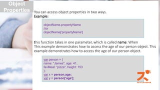 You can access object properties in two ways.
Example:
this function takes in one parameter, which is called name. When
This example demonstrates how to access the age of our person object. This
example demonstrates how to access the age of our person object.
Object
Properties
objectName.propertyName
//or
objectName['propertyName']
var person = {
name: "James", age: 41,
favMeal: “pizza", height: 153
};
var x = person.age;
var y = person['age'];
 