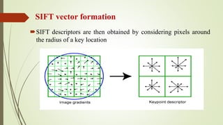 SIFT vector formation
SIFT descriptors are then obtained by considering pixels around
the radius of a key location
 