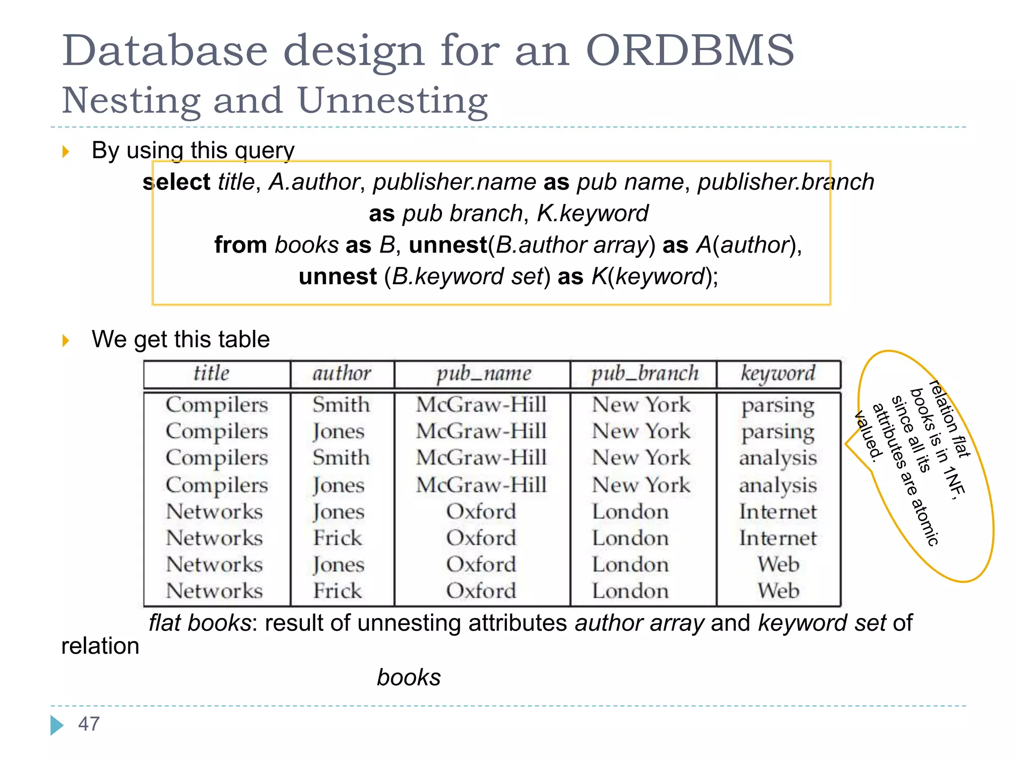 Database design for an ORDBMS
Nesting and Unnesting
 By using this query
select title, A.author, publisher.name as pub name, publisher.branch
as pub branch, K.keyword
from books as B, unnest(B.author array) as A(author),
unnest (B.keyword set) as K(keyword);
 We get this table
flat books: result of unnesting attributes author array and keyword set of
relation
books
47
 