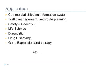 Application
 Commercial shipping information system
• Traffic management and route planning.
• Safety – Security .
 Life Science
• Diagnostic.
• Drug Discovery.
• Gene Expression and therapy.
etc……
53
 
