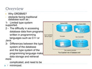 Overview
 Why ORDBMS?
• obstacle facing traditional
database such as :
1- Limited type system
supported.
2 - The difficulty in accessing
database data from programs
written in programming
languages such as C++ or
Java.
3- Differences between the type
system of the database
and the type system of the
programming language make
data storage and retrieval
more
complicated, and need to be
minimized.7
 