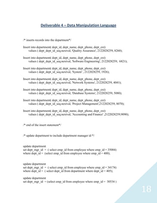 Deliverable 4 – Data Manipulation Language


/* inserts records into the department*/

Insert into department( dept_id, dept_name, dept_phone, dept_ext)
    values ( dept_dept_id_seq.nextval, 'Quality Assurance', 2122028259, 8260);

Insert into department( dept_id, dept_name, dept_phone, dept_ext)
    values ( dept_dept_id_seq.nextval, 'Software Engineering', 2122028259, 6821);

Insert into department( dept_id, dept_name, dept_phone, dept_ext)
    values ( dept_dept_id_seq.nextval, 'System' , 2122028259, 1926);

Insert into department( dept_id, dept_name, dept_phone, dept_ext)
    values ( dept_dept_id_seq.nextval, 'Network Systems', 2122028259, 4041);

Insert into department( dept_id, dept_name, dept_phone, dept_ext)
    values ( dept_dept_id_seq.nextval, 'Database Systems', 2122028259, 5080);

Insert into department( dept_id, dept_name, dept_phone, dept_ext)
    values ( dept_dept_id_seq.nextval, 'Project Management',2122028259, 8070);

Insert into department( dept_id, dept_name, dept_phone, dept_ext)
    values ( dept_dept_id_seq.nextval, 'Accounting and Finance' ,2122028259,9090);


/* end of the insert statement*/


/* update department to include department manager id */


update department
set dept_mgr_id = ( select emp_id from employee where emp_id = 35084)
where dept_id = (select emp_id from employee where emp_id = 400);


update department
set dept_mgr_id = ( select emp_id from employee where emp_id = 34174)
where dept_id = ( select dept_id from department where dept_id = 405);

update department
set dept_mgr_id = (select emp_id from employee where emp_id = 30534 )


                                                                                     18
 