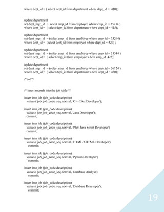 where dept_id = ( select dept_id from department where dept_id = 410);


update department
set dept_mgr_id = select emp_id from employee where emp_id = 35734 )
where dept_id = ( select dept_id from department where dept_id = 415);

update department
set dept_mgr_id = (select emp_id from employee where emp_id = 33264)
where dept_id = (select dept_id from employee where dept_id = 420) ;

update department
set dept_mgr_id = (select emp_id from employee where emp_id = 35344 )
where dept_id = ( select emp_id from employee where emp_id 425);

update department
set dept_mgr_id = (select emp_id from employee where emp_id = 36124 )
where dept_id = ( select dept_id from department where dept_id = 430);

/*end*/


/* insert records into the job table */

insert into job (job_code,description)
  values ( job_job_code_seq.nextval, 'C++/.Net Developer');

insert into job (job_code,description)
  values ( job_job_code_seq.nextval, 'Java Developer');
  commit;

insert into job (job_code,description)
  values ( job_job_code_seq.nextval, 'Php/ Java Script Developer')
  commit;

insert into job (job_code,description)
  values ( job_job_code_seq.nextval, 'HTML/XHTML Developer')
   commit;

insert into job (job_code,description)
  values ( job_job_code_seq.nextval, 'Python Developer')
   commit;

insert into job (job_code,description)
  values ( job_job_code_seq.nextval, 'Database Analyst');
   commit;

insert into job (job_code,description)
  values ( job_job_code_seq.nextval, 'Database Developer');
   commit;

                                                                         19
 