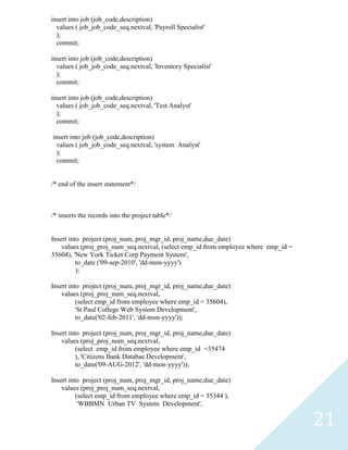 insert into job (job_code,description)
  values ( job_job_code_seq.nextval, 'Payroll Specialist'
  );
  commit;

insert into job (job_code,description)
  values ( job_job_code_seq.nextval, 'Inventory Specialist'
  );
  commit;

insert into job (job_code,description)
  values ( job_job_code_seq.nextval, 'Test Analyst'
  );
  commit;

insert into job (job_code,description)
 values ( job_job_code_seq.nextval, 'system Analyst'
 );
 commit;


/* end of the insert statement*/



/* inserts the records into the project table*/


Insert into project (proj_num, proj_mgr_id, proj_name,due_date)
    values (proj_proj_num_seq.nextval, (select emp_id from employee where emp_id =
35604), 'New York Ticket Corp Payment System',
          to_date ('09-sep-2010', 'dd-mon-yyyy')
          );

Insert into project (proj_num, proj_mgr_id, proj_name,due_date)
    values (proj_proj_num_seq.nextval,
          (select emp_id from employee where emp_id = 35604),
          'St Paul College Web System Development',
          to_date('02-feb-2011', 'dd-mon-yyyy'));

Insert into project (proj_num, proj_mgr_id, proj_name,due_date)
    values (proj_proj_num_seq.nextval,
          (select emp_id from employee where emp_id =35474
          ), 'Citizens Bank Databae Development',
          to_date('09-AUG-2012', 'dd-mon-yyyy'));

Insert into project (proj_num, proj_mgr_id, proj_name,due_date)
    values (proj_proj_num_seq.nextval,
          (select emp_id from employee where emp_id = 35344 ),
           'WBBMN Urban TV System Development',

                                                                                     21
 