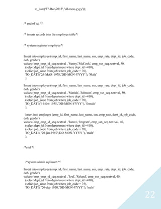 to_date('27-Dec-2013', 'dd-mon-yyyy'));



/* end of sql */


/* inserts records into the employee table*/


/* system enginner employee*/


Insert into employee (emp_id, first_name, last_name, ssn, emp_rate, dept_id, job_code,
dob, gender)
values (emp_emp_id_seq.nextval , 'Sunny','McCook', emp_ssn_seq.nextval, 50,
 (select dept_id from department where dept_id =410),
 (select job_code from job where job_code = 70),
 TO_DATE('29-MAR-1978','DD-MON-YYYY '), 'Male'
 );

Insert into employee (emp_id, first_name, last_name, ssn, emp_rate, dept_id, job_code,
dob, gender)
values (emp_emp_id_seq.nextval , 'Mariah', 'Johnson', emp_ssn_seq.nextval, 50,
 (select dept_id from department where dept_id =410),
 (select job_code from job where job_code = 70),
 TO_DATE('19-feb-1955','DD-MON-YYYY '), 'female'
 );

 Insert into employee (emp_id, first_name, last_name, ssn, emp_rate, dept_id, job_code,
dob, gender)
values (emp_emp_id_seq.nextval , 'James', 'Imgram', emp_ssn_seq.nextval, 40,
 (select dept_id from department where dept_id =410),
 (select job_code from job where job_code = 70),
 TO_DATE( '20-jan-1950','DD-MON-YYYY '), 'male'
 );


/*end */



 /*system admin sql insert */

Insert into employee (emp_id, first_name, last_name, ssn, emp_rate, dept_id, job_code,
dob, gender)
values (emp_emp_id_seq.nextval , 'Joel', 'Roland', emp_ssn_seq.nextval, 40,
 (select dept_id from department where dept_id =410),
 (select job_code from job where job_code = 75),
 TO_DATE( '20-dec-1950','DD-MON-YYYY '), 'male'

                                                                                          22
 