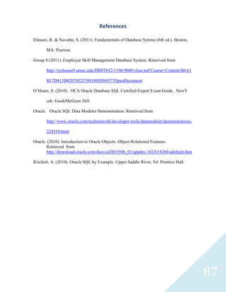 References

Elmasri, R. & Navathe, S. (2011). Fundamentals of Database Sytems (6th ed.). Boston,

       MA: Pearson.

Group 8 (2011). Employee Skill Management Database System. Reterived from

       http://tychousa9.umuc.edu/DBST652/1106/9040/class.nsf/Course+Content/B6A1

       B17D413D020785257891005D9457?OpenDocument

O’Heam, S. (2010). OCA Oracle Database SQL Certified Expert Exam Guide. NewY

       ork: GuideMcGraw Hill.

Oracle. Oracle SQL Data Modeler Demonstration. Reterived from

       http://www.oracle.com/technetwork/developer-tools/datamodeler/demonstrations-

       224554.html

Oracle. (2010). Introduction to Oracle Objects. Object-Relational Features.
       Retrieved from
       http://download.oracle.com/docs/cd/B19306_01/appdev.102/b14260/adobjint.htm

Rischert, A. (2010). Oracle SQL by Example. Upper Saddle River, NJ: Prentice Hall.




                                                                                       87
 