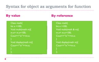 Syntax for object as arguments for function By value By reference Class math{ Int x =100; Void multi(math & m){ m.x= m.x+100; Cout<<“\n”<<m.x; } Void display(math m){ Cout<<“\n”<<m.x; } }; Class math{ Int x =100; Void multi(math m){ m.x= m.x+100; Cout<<“\n”<<m.x; } Void display(math m){ Cout<<“\n”<<m.x; } }; Class math{ Int x =100; Void multi(math m){ t.x= x+100; Cout<<“\n”<<m.x; } Void display(math m){ Cout<<“\n”<<m.x; } }; 